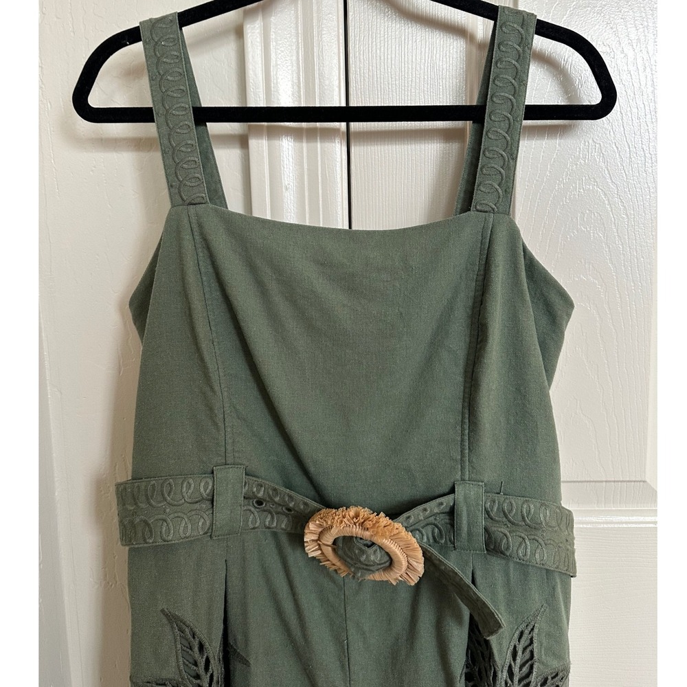 CAROLINE CONSTAS Olive Green Linen Blend Romper Belted Leaf Cutout Size L - Picture 2 of 8